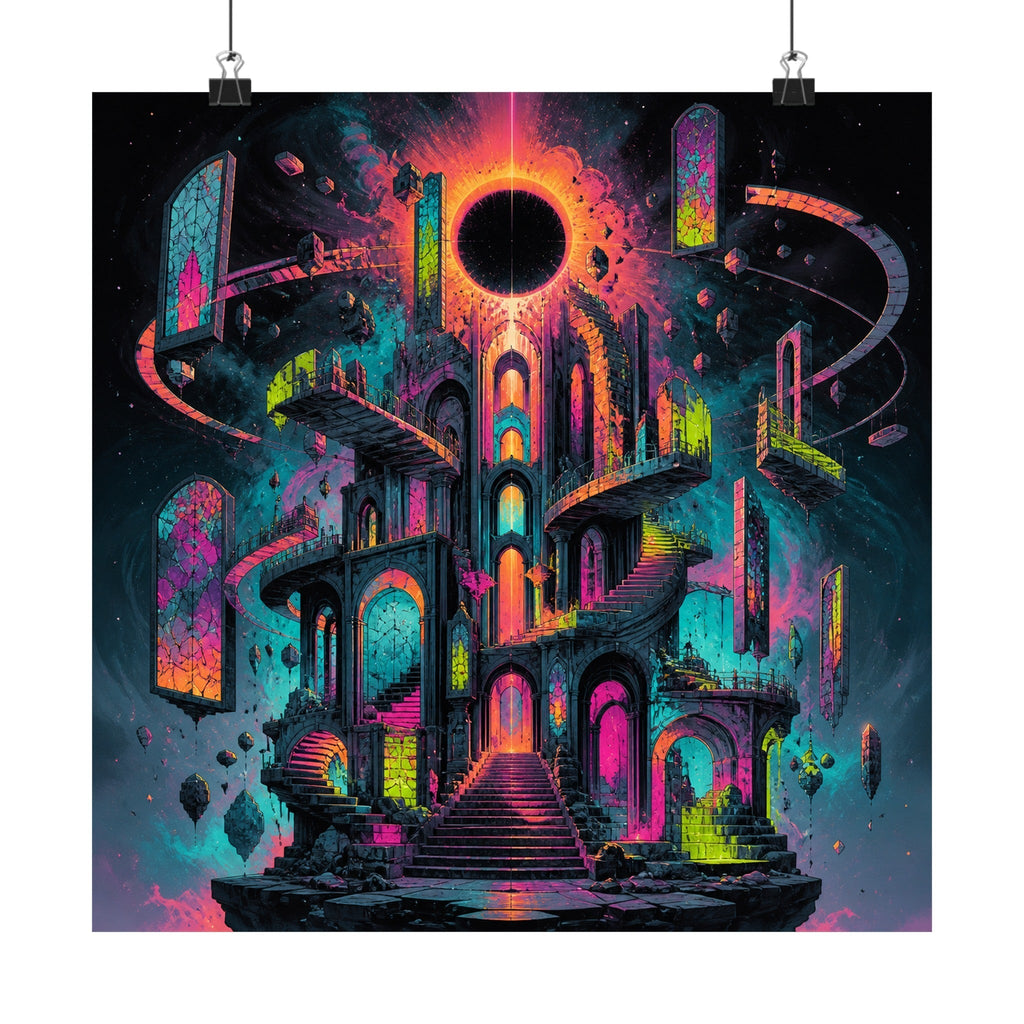 Orbiting Cathedral satin art print displayed with black binder clips