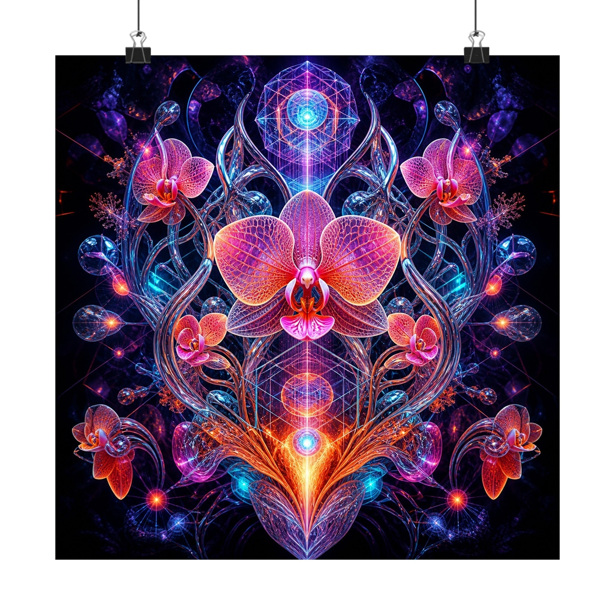 Orchid Signal Array satin art print displayed with black binder clips