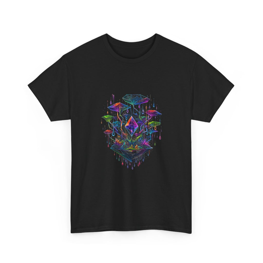 Polyhedral Rain Garden KOSVYRE graphic tee product mockup, alternate front view