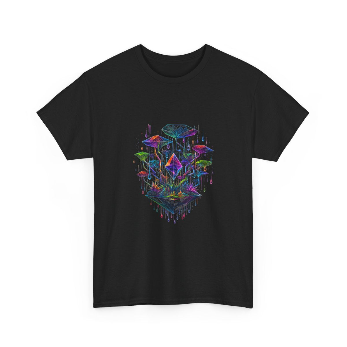 Polyhedral Rain Garden KOSVYRE graphic tee product mockup, alternate front view