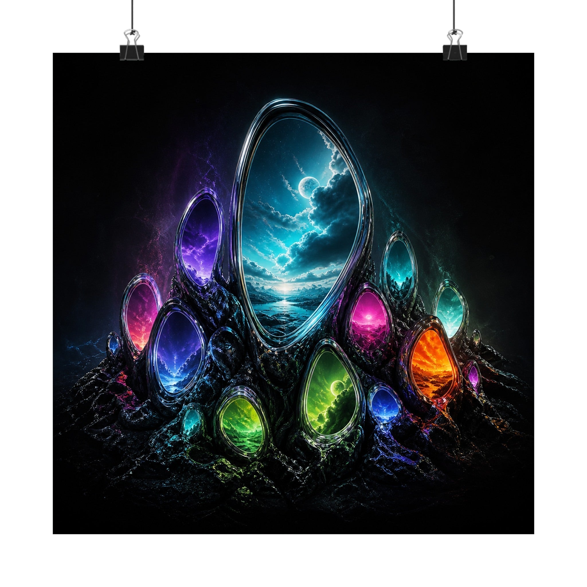 Portal Garden satin art print displayed with black binder clips