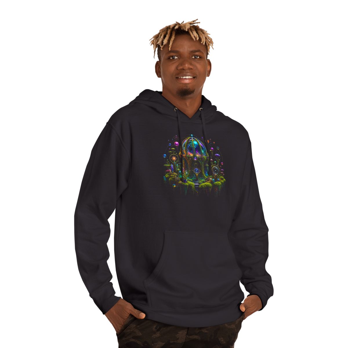 Prism Moss Observatory KOSVYRE hoodie product mockup, person 2 front view