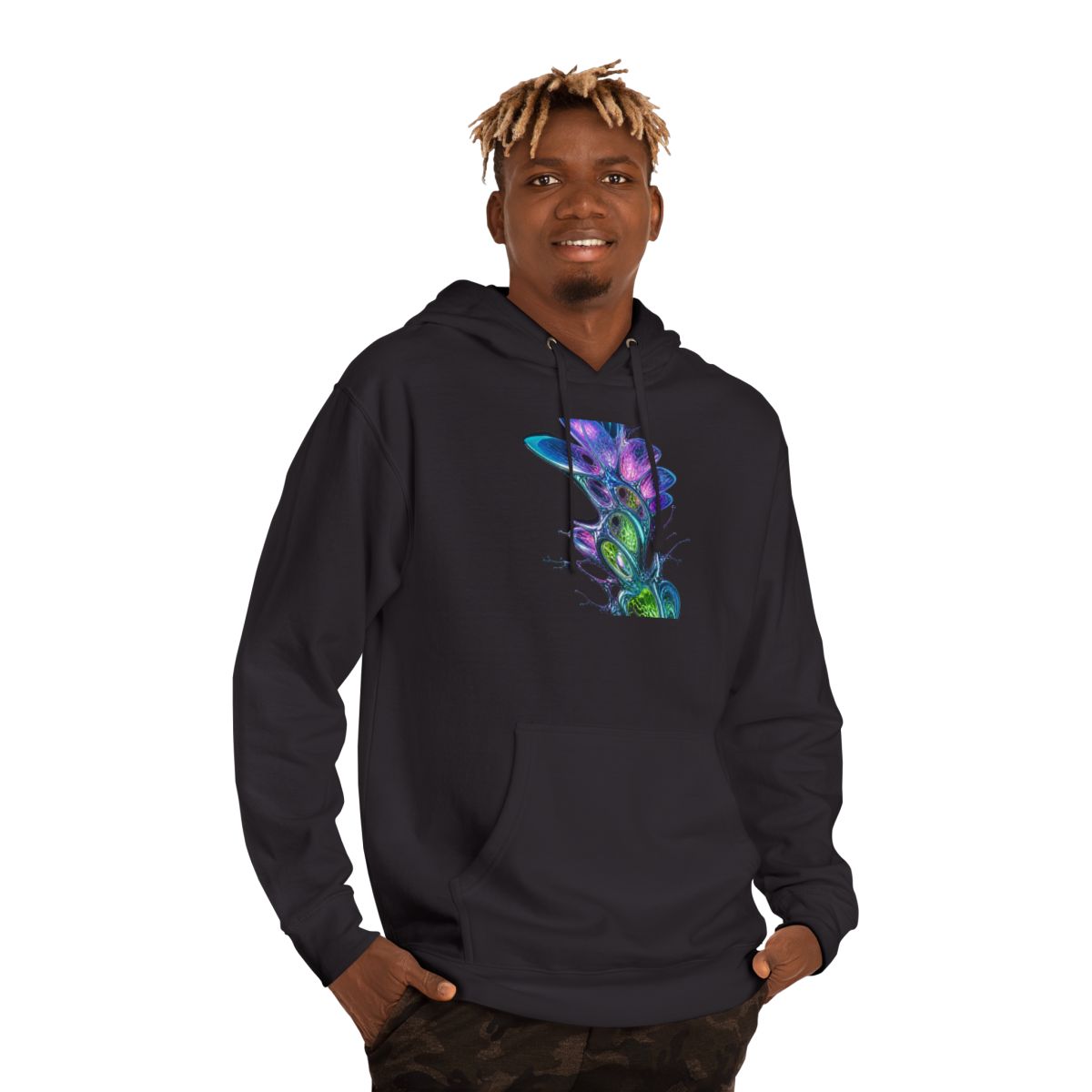 Prismatic Cartilage Garden KOSVYRE hoodie product mockup, person 2 front view