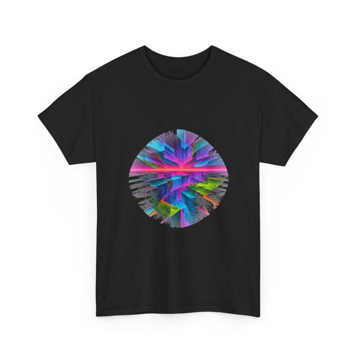 Prismatic Fault Garden KOSVYRE graphic tee product mockup, alternate front view