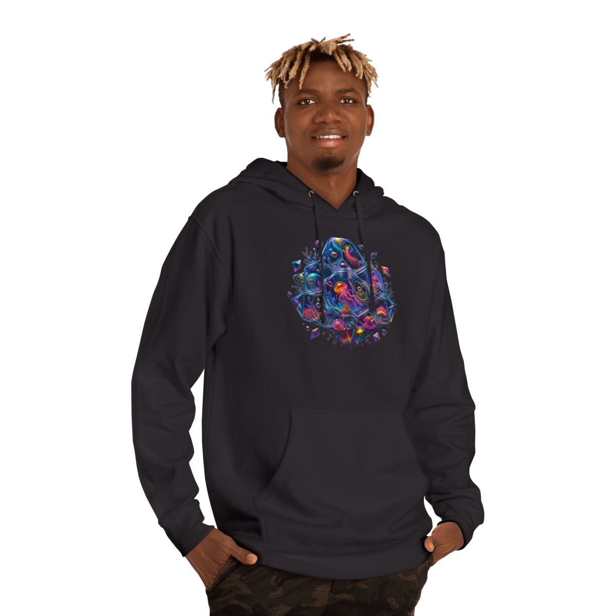 Prismatic Memory Aquarium KOSVYRE hoodie product mockup, person 2 front view