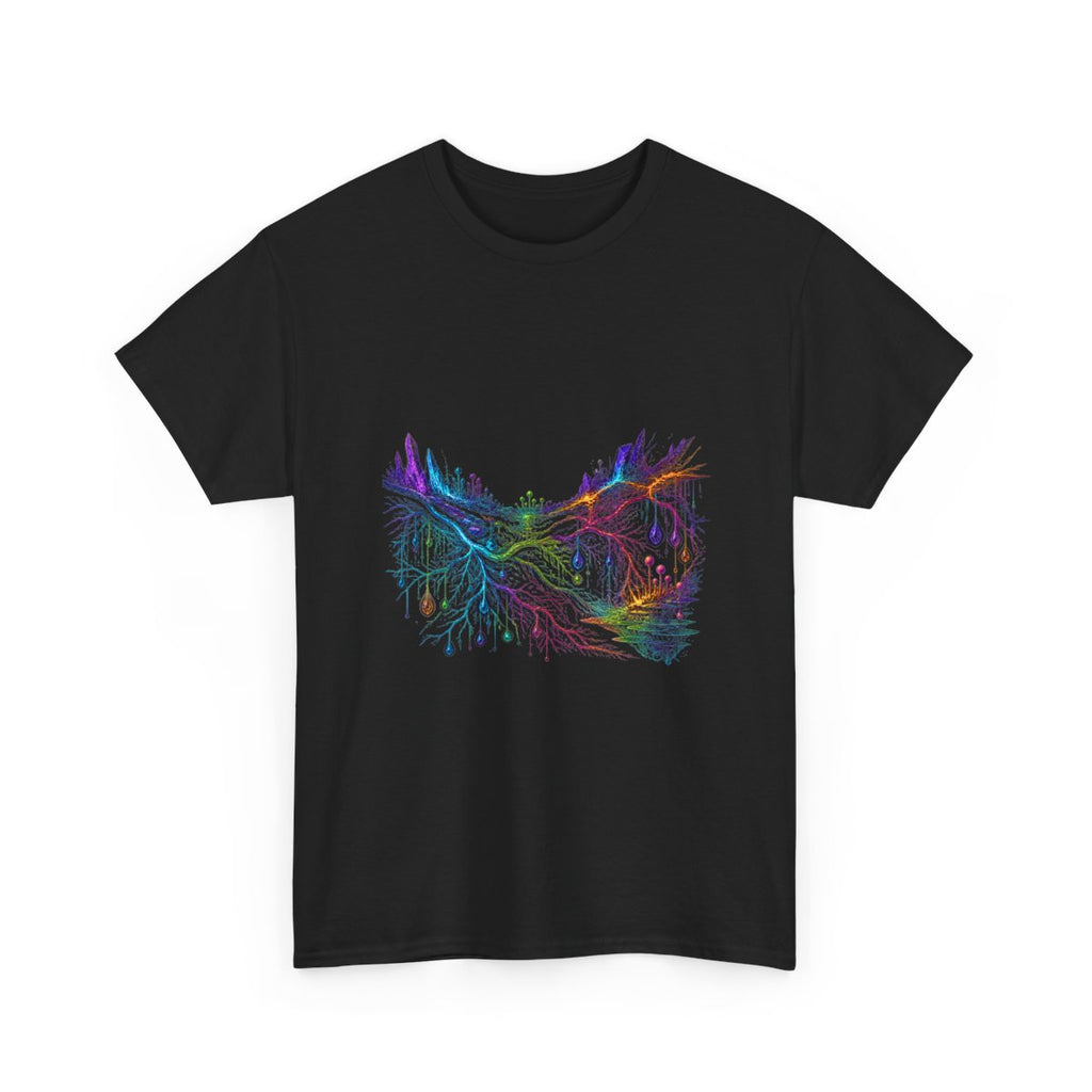 Prismatic Root Circuit KOSVYRE graphic tee product mockup, alternate front view