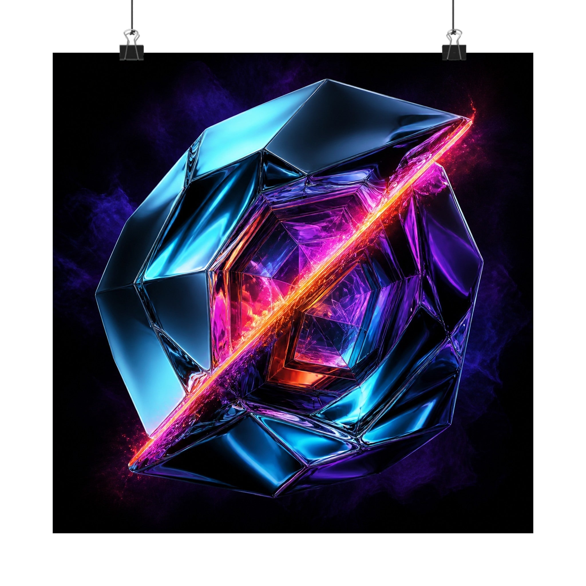 Prismatic Scar satin art print displayed with black binder clips