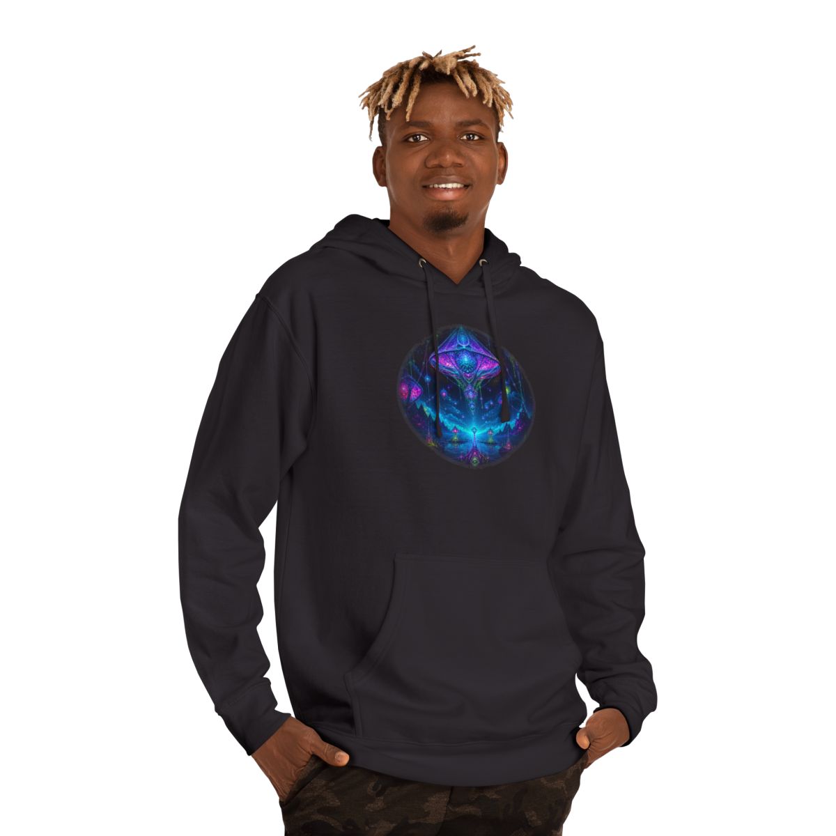 Recursive Lantern Field KOSVYRE hoodie product mockup, person 2 front view