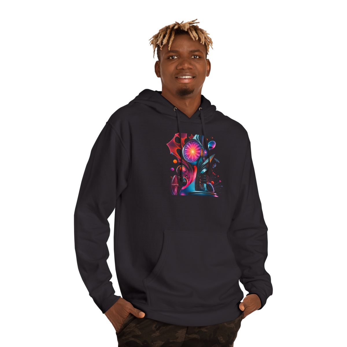 Retro Signal Bloom KOSVYRE hoodie product mockup, person 2 front view