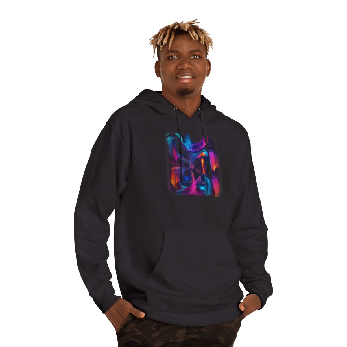 Rootless Atrium KOSVYRE hoodie product mockup, person 2 front view