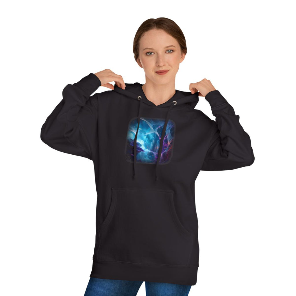Rootless Weather Cathedral KOSVYRE hoodie product mockup, person 1 front view