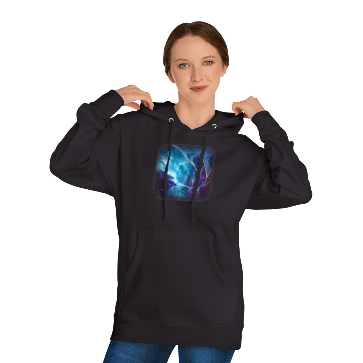 Rootless Weather Cathedral KOSVYRE hoodie product mockup, person 1 front view