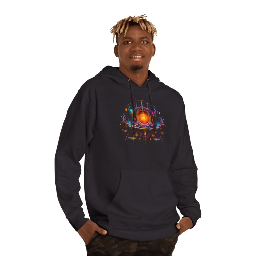 Saffron Void Observatory KOSVYRE hoodie product mockup, person 2 front view