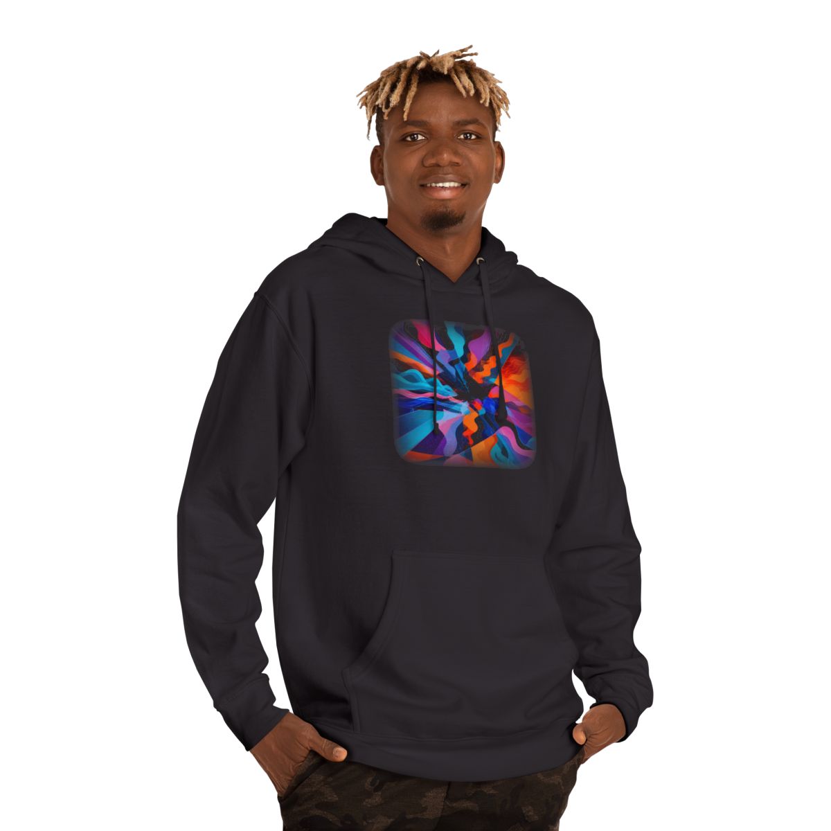 Shatterwave Aperture KOSVYRE hoodie product mockup, person 2 front view