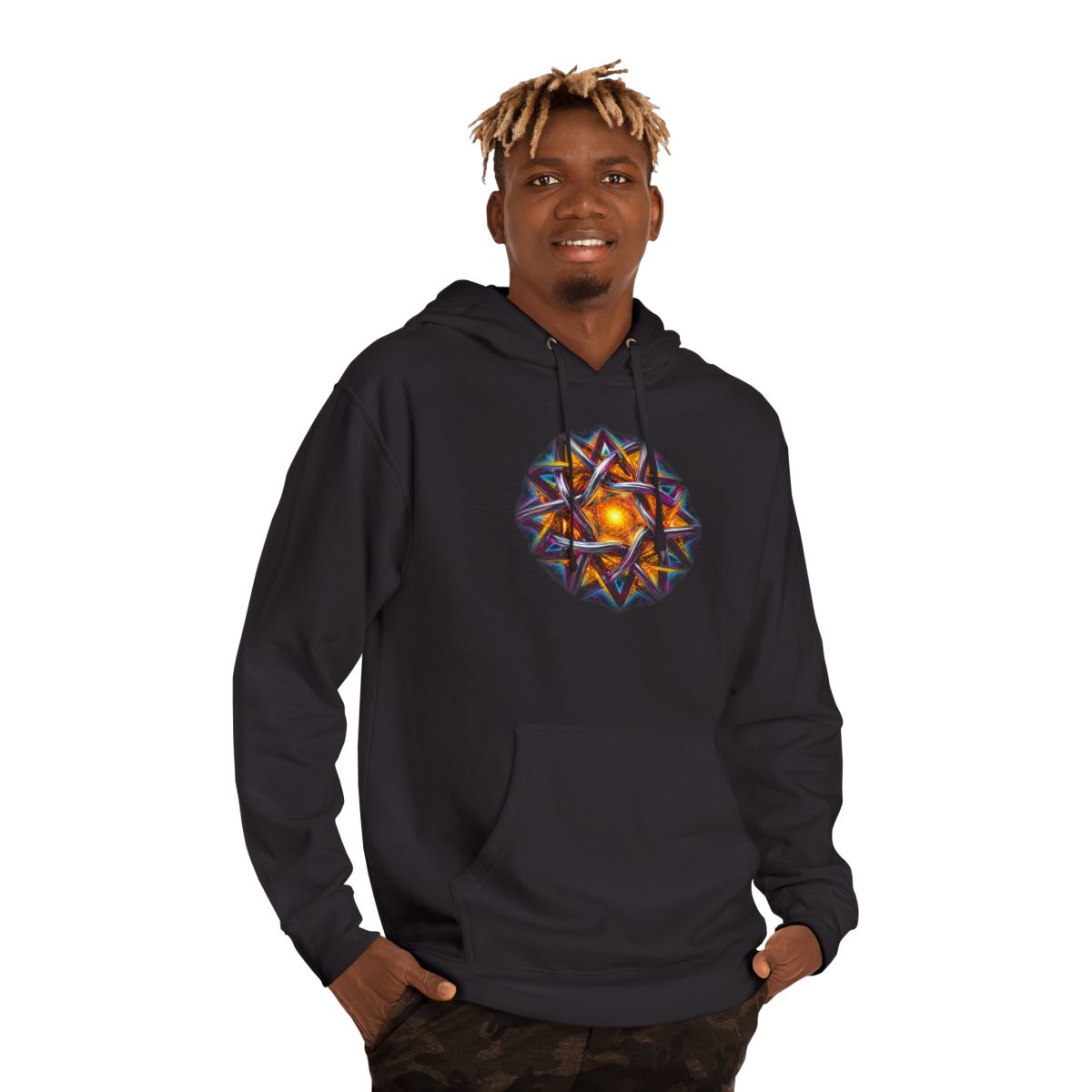 Solaris Knot KOSVYRE hoodie product mockup, person 2 front view
