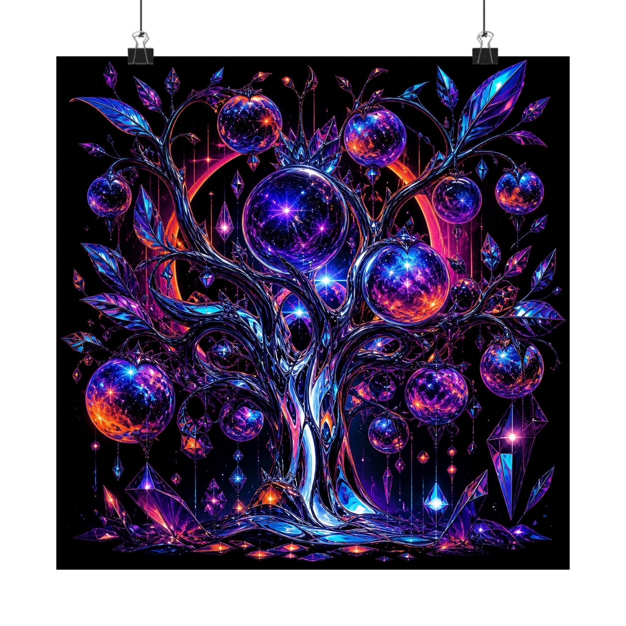 Stroboscopic Orchard satin art print displayed with black binder clips