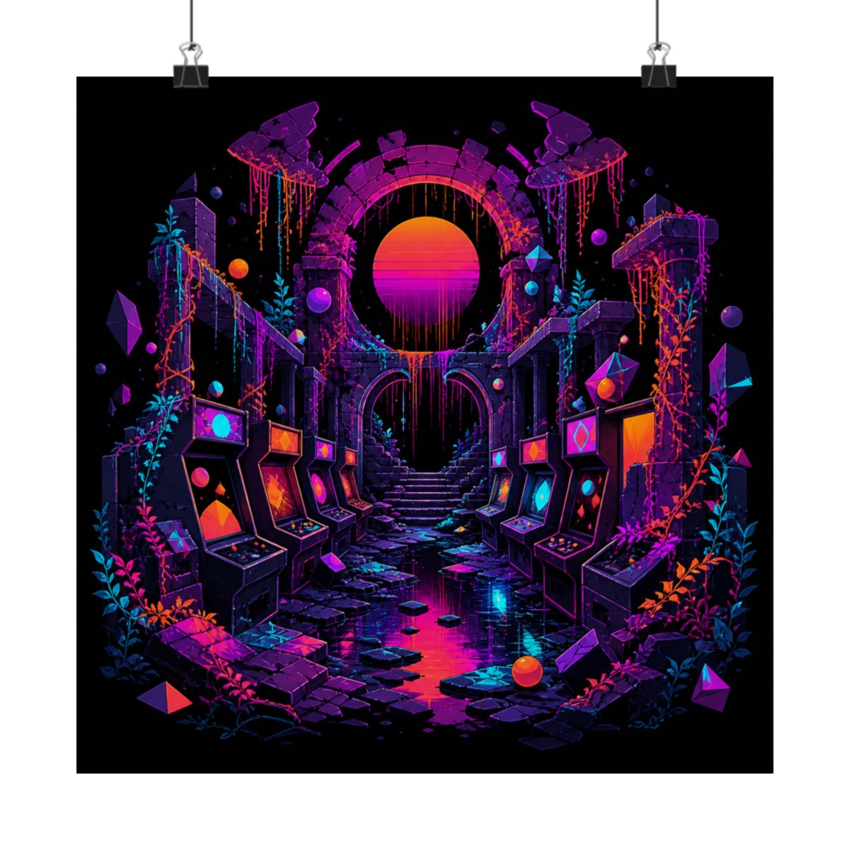 Sunsetless Arcade Ruin KOSVYRE art print product mockup, alternate front view