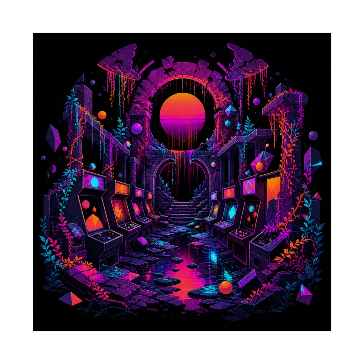 Sunsetless Arcade Ruin KOSVYRE art print product mockup, front view