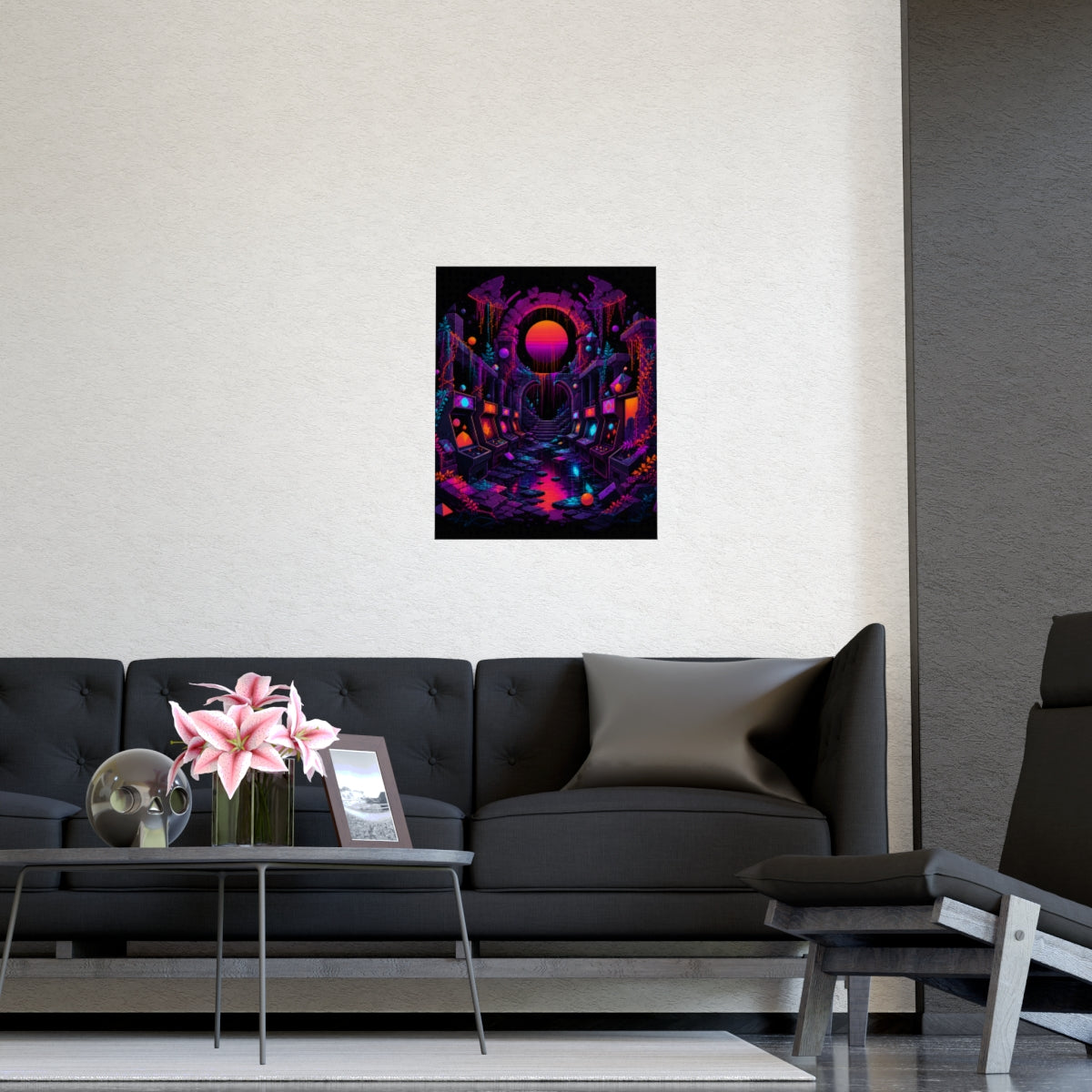 Sunsetless Arcade Ruin KOSVYRE poster product mockup, detail view
