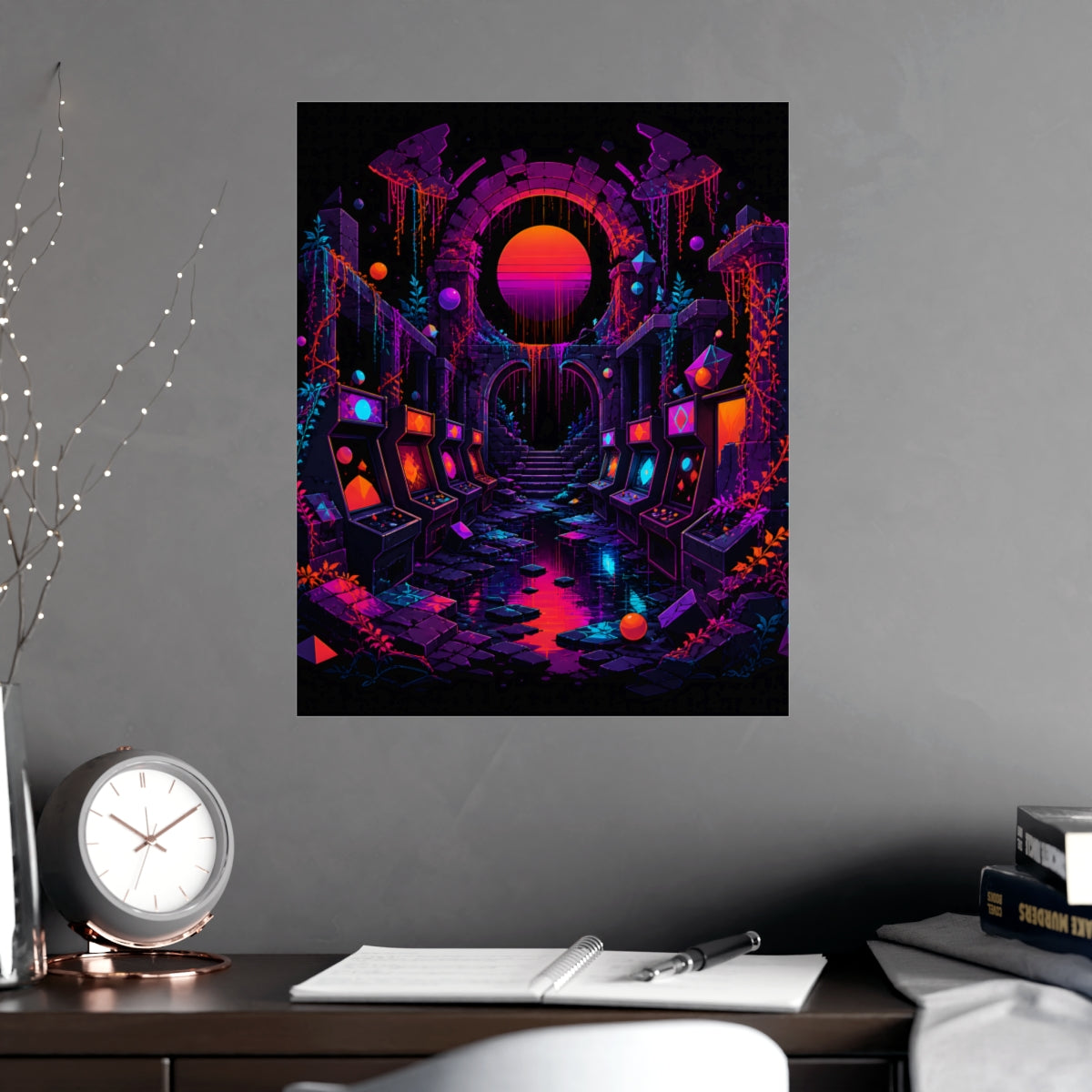 Sunsetless Arcade Ruin KOSVYRE poster product mockup, alternate view