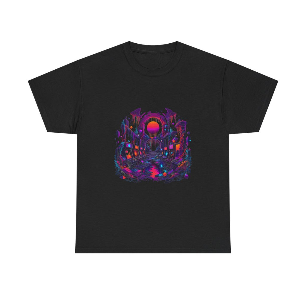 Sunsetless Arcade Ruin KOSVYRE graphic tee product mockup, front view