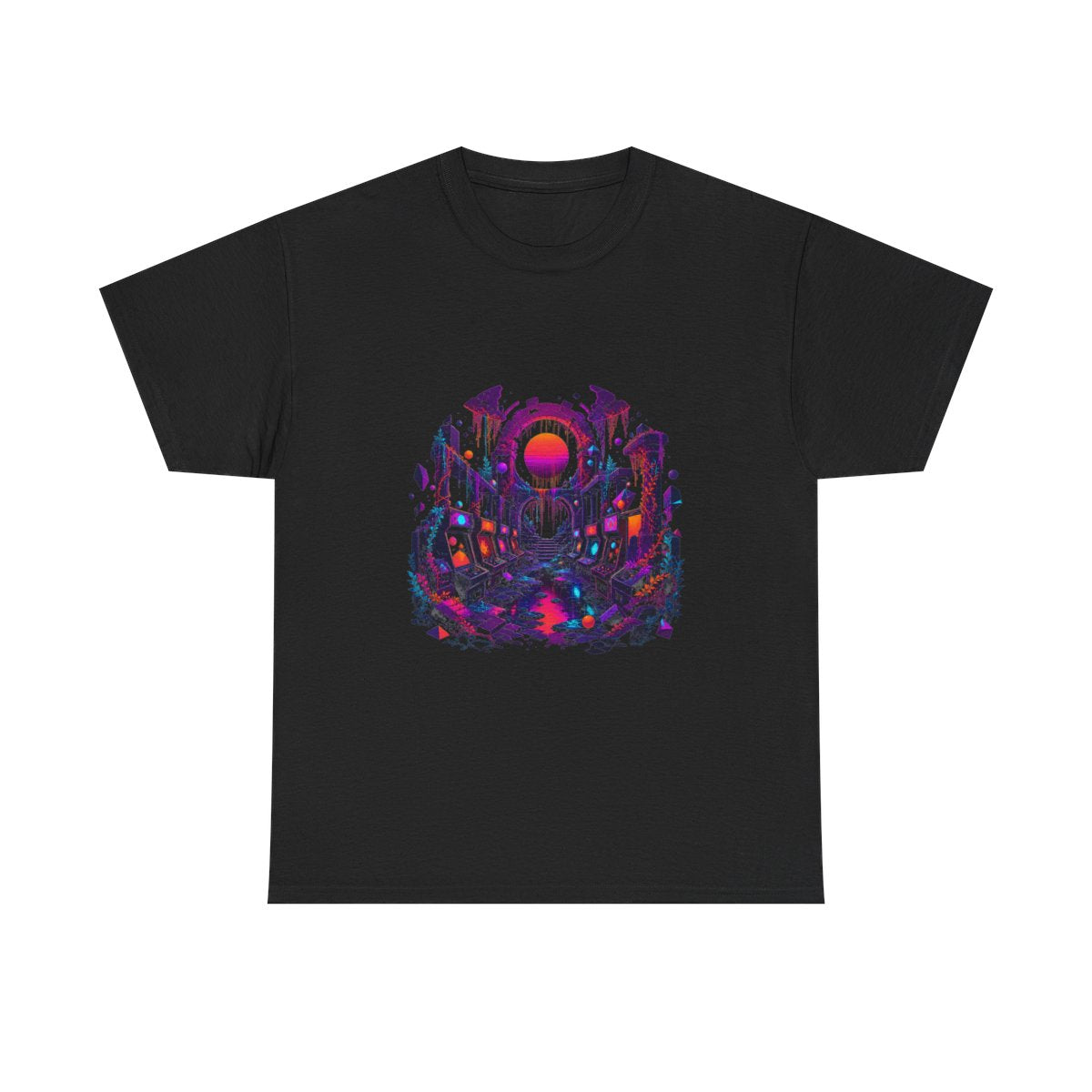 Sunsetless Arcade Ruin KOSVYRE graphic tee product mockup, front view