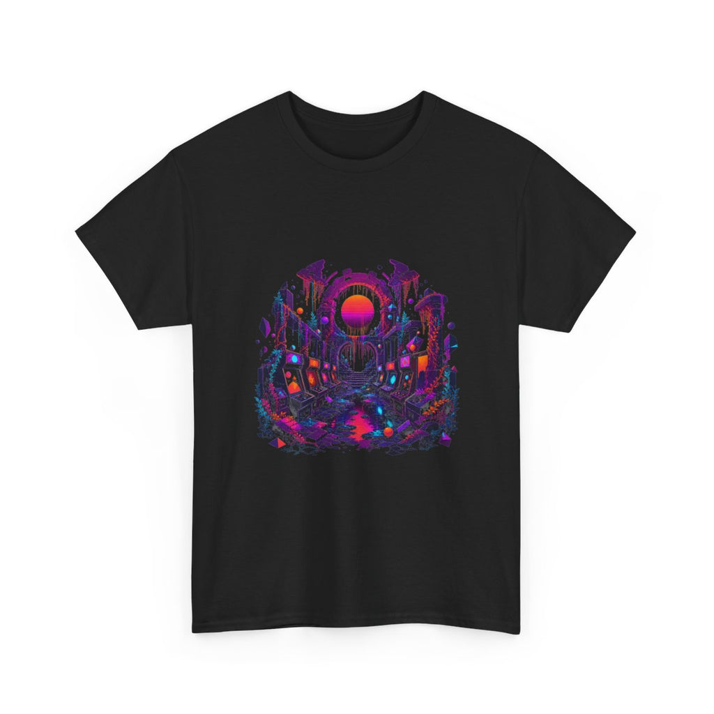 Sunsetless Arcade Ruin KOSVYRE graphic tee product mockup, alternate front view