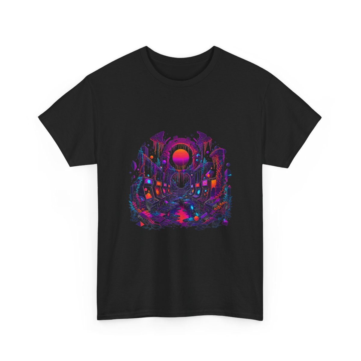 Sunsetless Arcade Ruin KOSVYRE graphic tee product mockup, alternate front view