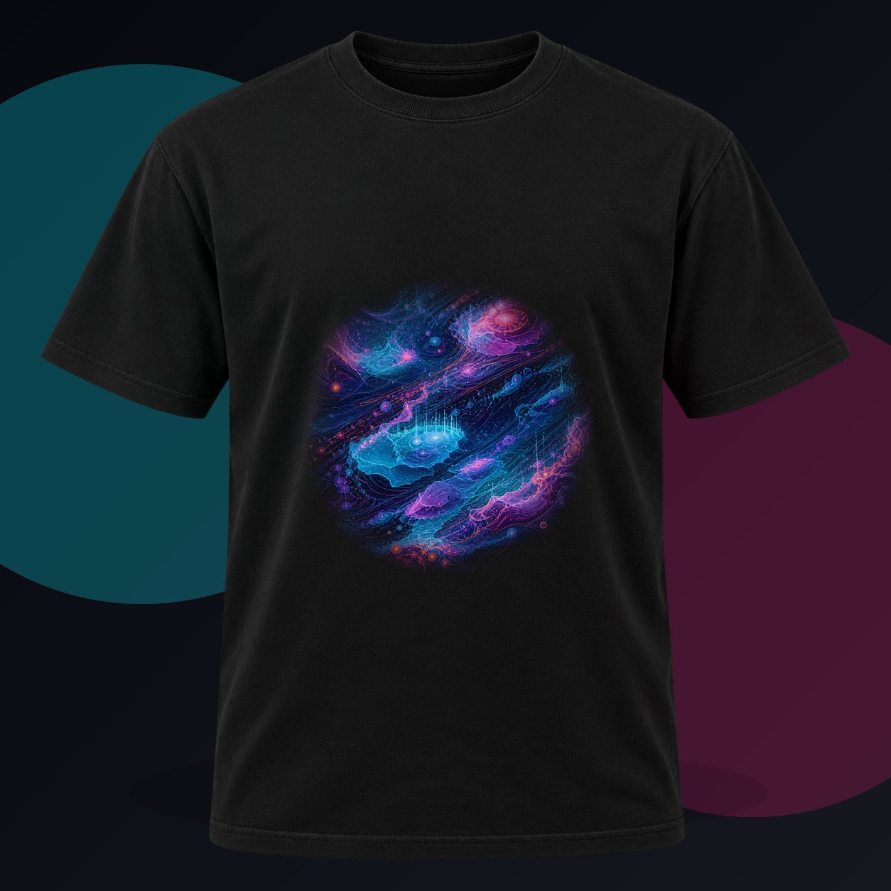 Abyssal Coordinate Bloom original KOSVYRE design on a black graphic tee against a graphite studio background