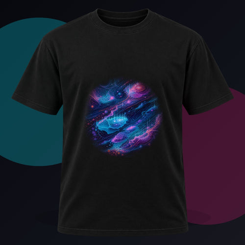Abyssal Coordinate Bloom original KOSVYRE design on a black graphic tee against a graphite studio background