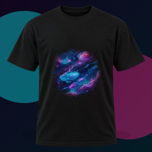 Abyssal Coordinate Bloom original KOSVYRE design on a black graphic tee with cyan and violet studio lighting