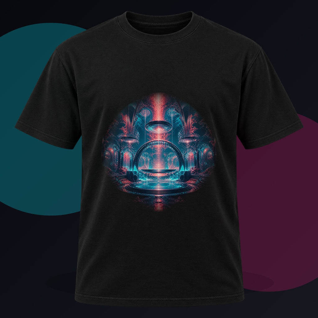 Abyssal Theater original KOSVYRE design on a black graphic tee against a graphite studio background