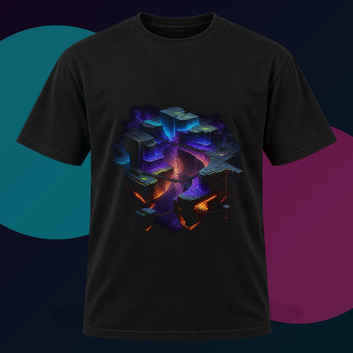 Afterglow Quarry original KOSVYRE design on a black graphic tee with cyan and violet studio lighting