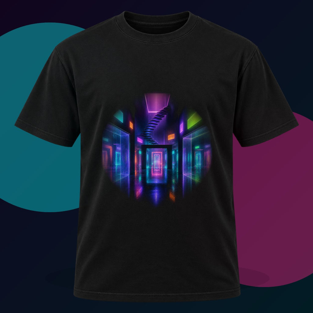 Afterimage Arcade original KOSVYRE design on a black graphic tee with cyan and violet studio lighting