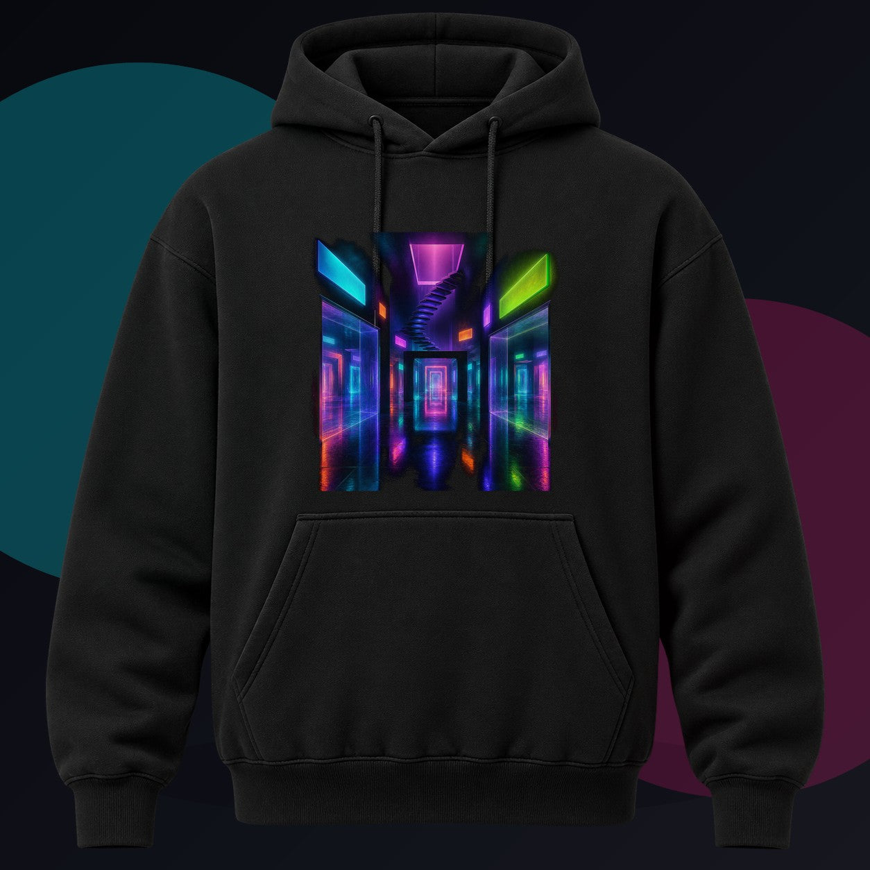 Afterimage Arcade original KOSVYRE design on a black hoodie against a graphite studio background