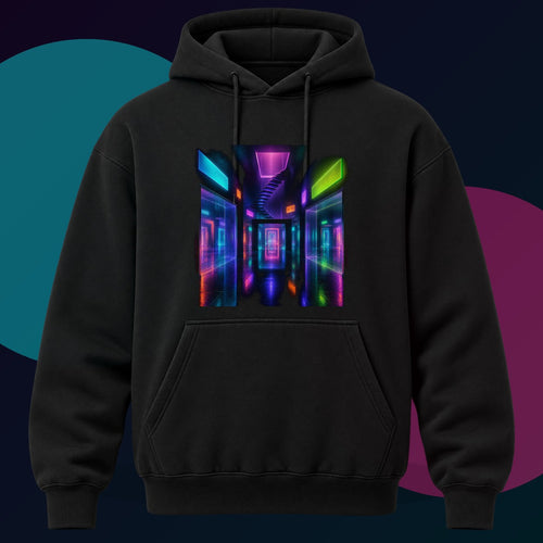 Afterimage Arcade original KOSVYRE design on a black hoodie with cyan and violet studio lighting