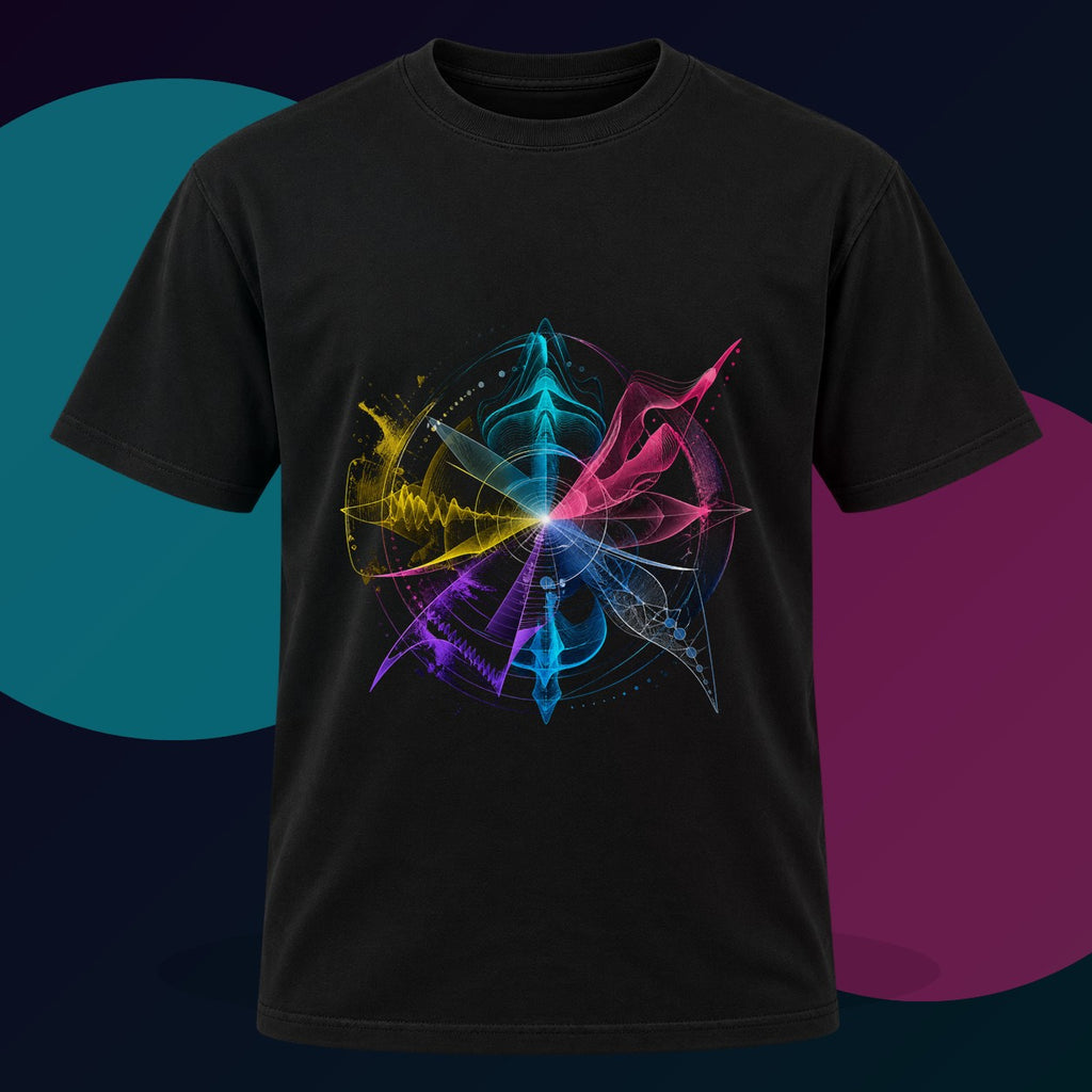Afterimage Choir original KOSVYRE design on a black graphic tee with cyan and violet studio lighting
