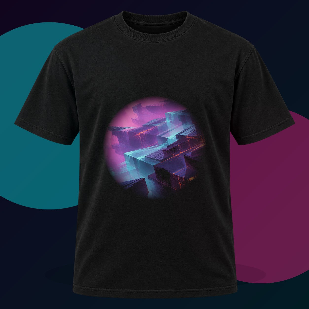 Afterimage Quarry original KOSVYRE design on a black graphic tee with cyan and violet studio lighting