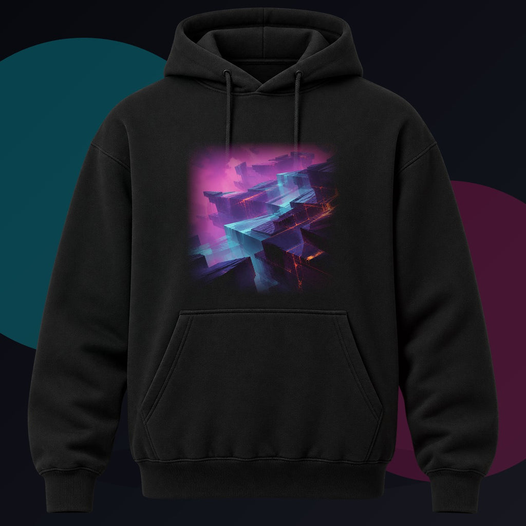 Afterimage Quarry original KOSVYRE design on a black hoodie against a graphite studio background