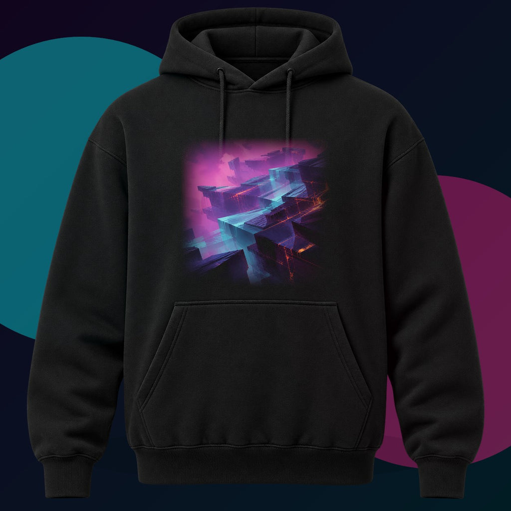 Afterimage Quarry original KOSVYRE design on a black hoodie with cyan and violet studio lighting