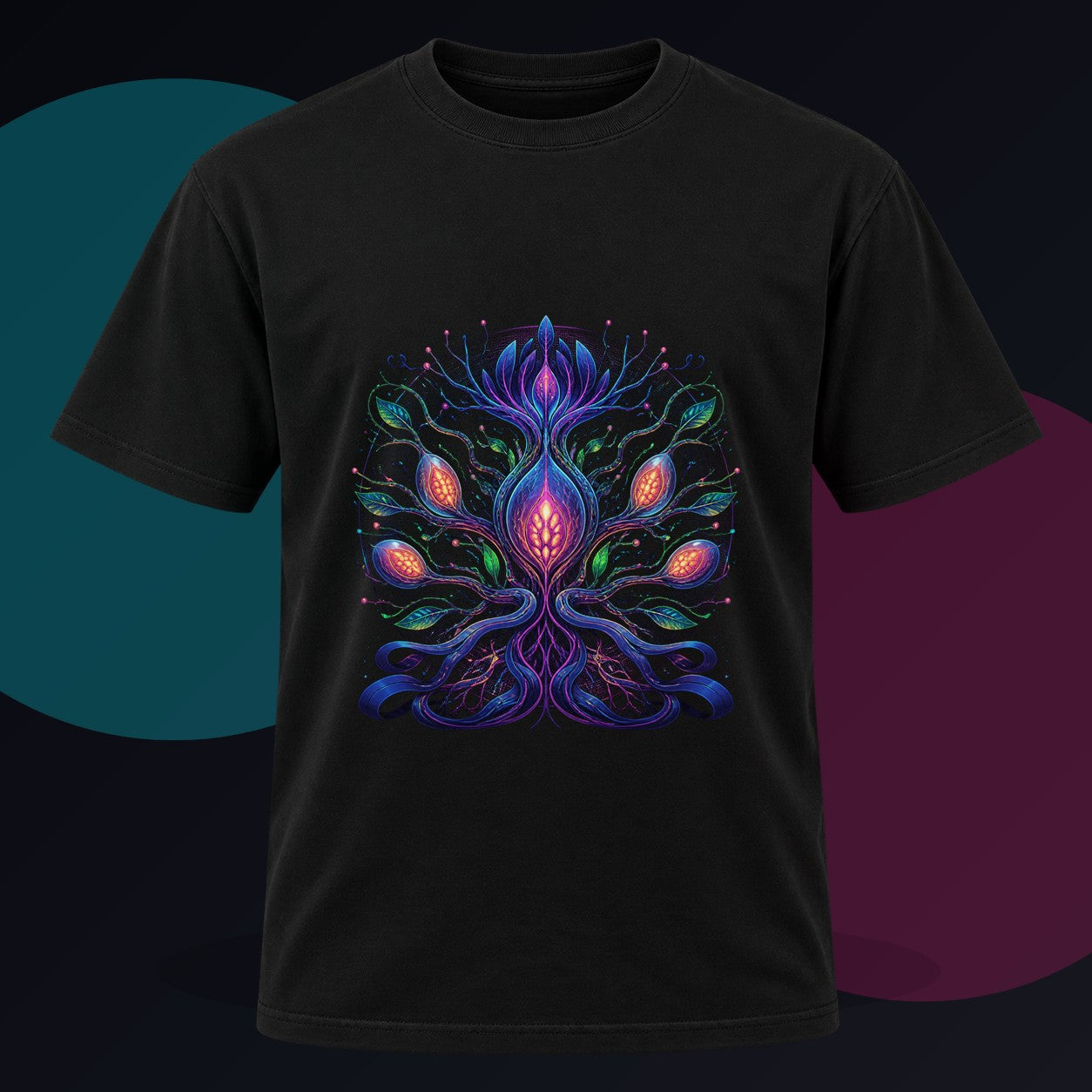 Alien Botanical Circuit original KOSVYRE design on a black graphic tee against a graphite studio background