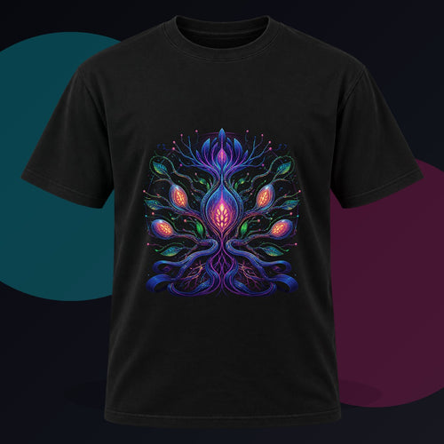 Alien Botanical Circuit original KOSVYRE design on a black graphic tee against a graphite studio background