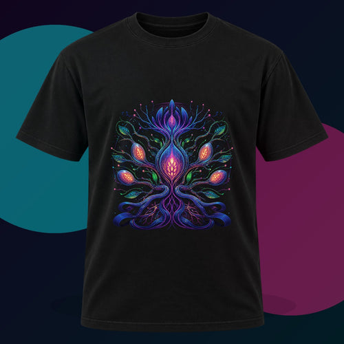 Alien Botanical Circuit original KOSVYRE design on a black graphic tee with cyan and violet studio lighting