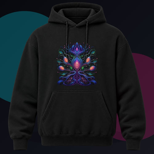 Alien Botanical Circuit original KOSVYRE design on a black hoodie against a graphite studio background