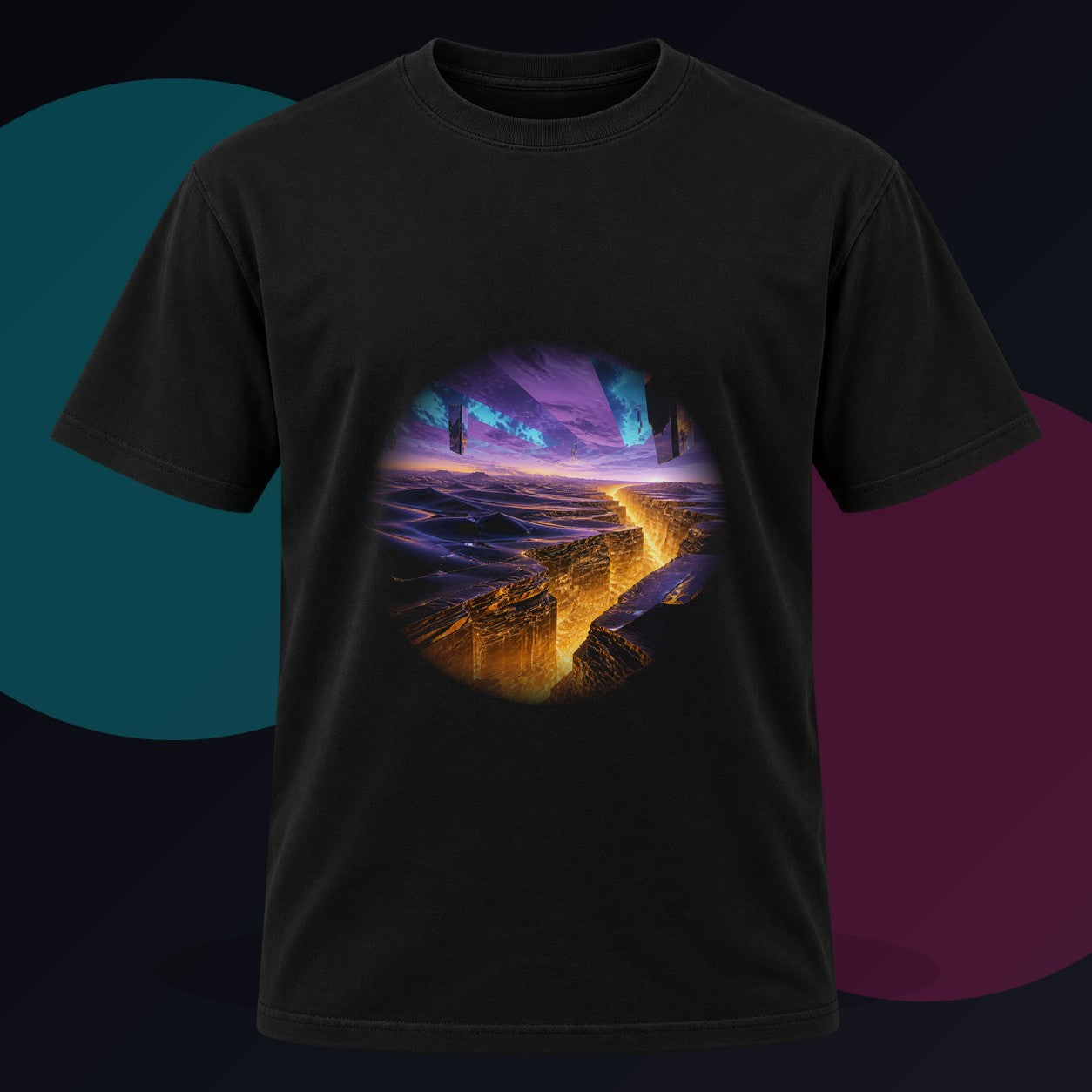 Amber Horizon Fault original KOSVYRE design on a black graphic tee against a graphite studio background