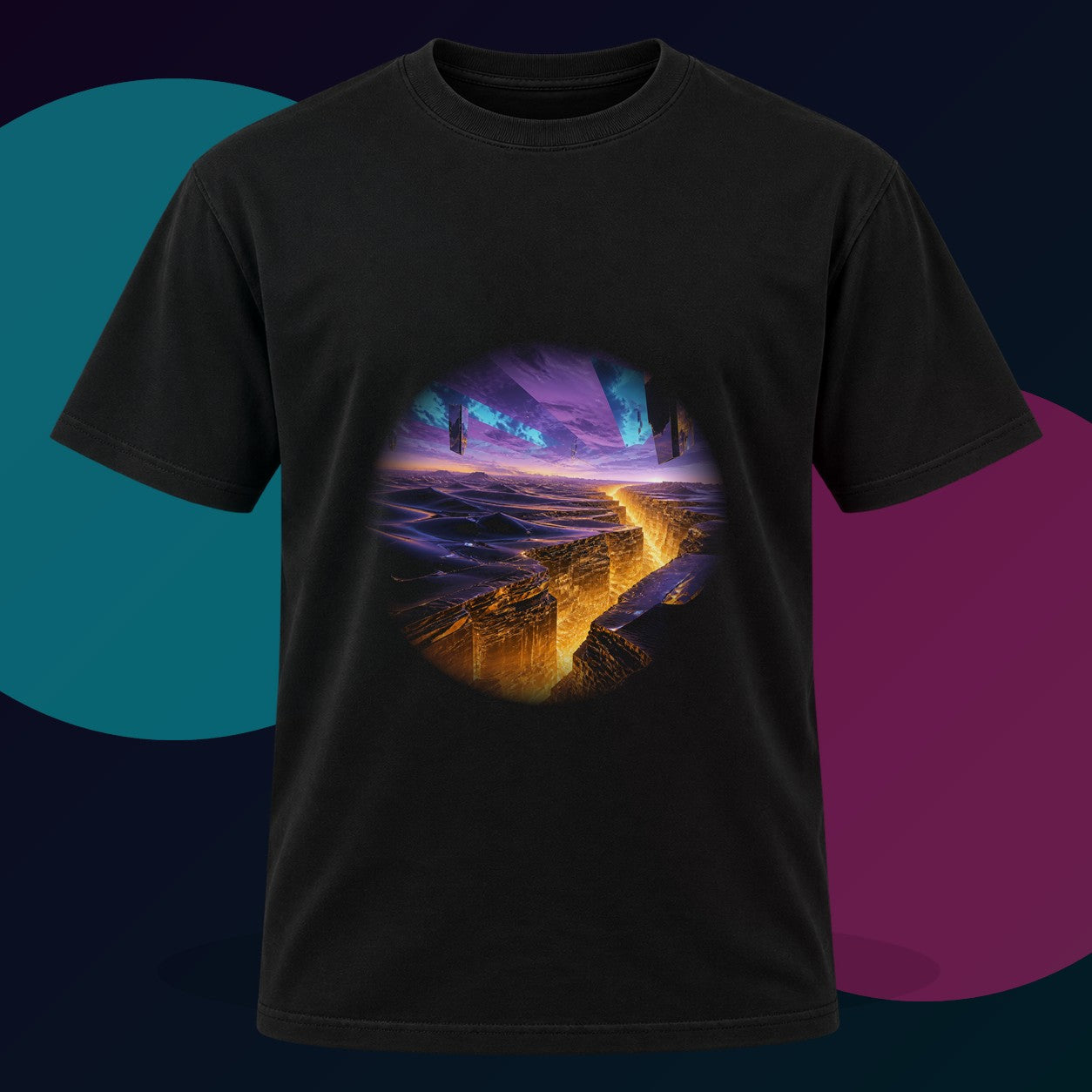 Amber Horizon Fault original KOSVYRE design on a black graphic tee with cyan and violet studio lighting
