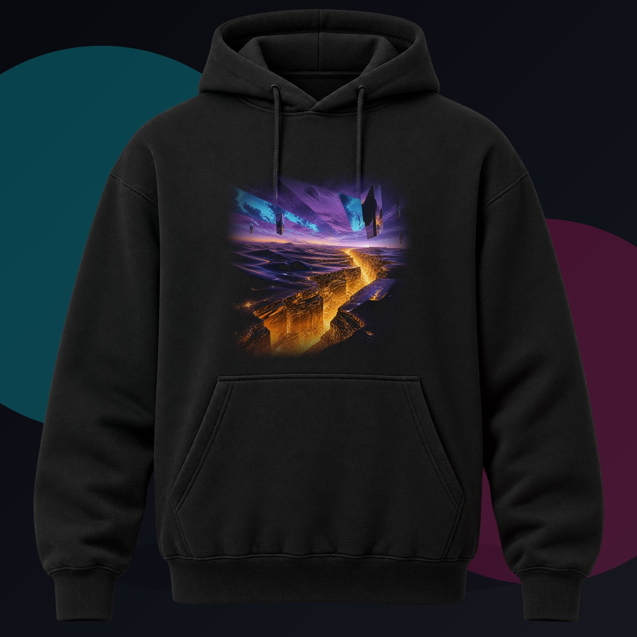 Amber Horizon Fault original KOSVYRE design on a black hoodie against a graphite studio background