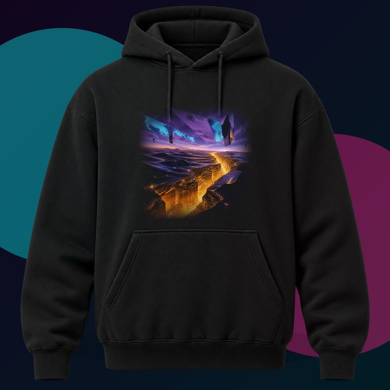 Amber Horizon Fault original KOSVYRE design on a black hoodie with cyan and violet studio lighting