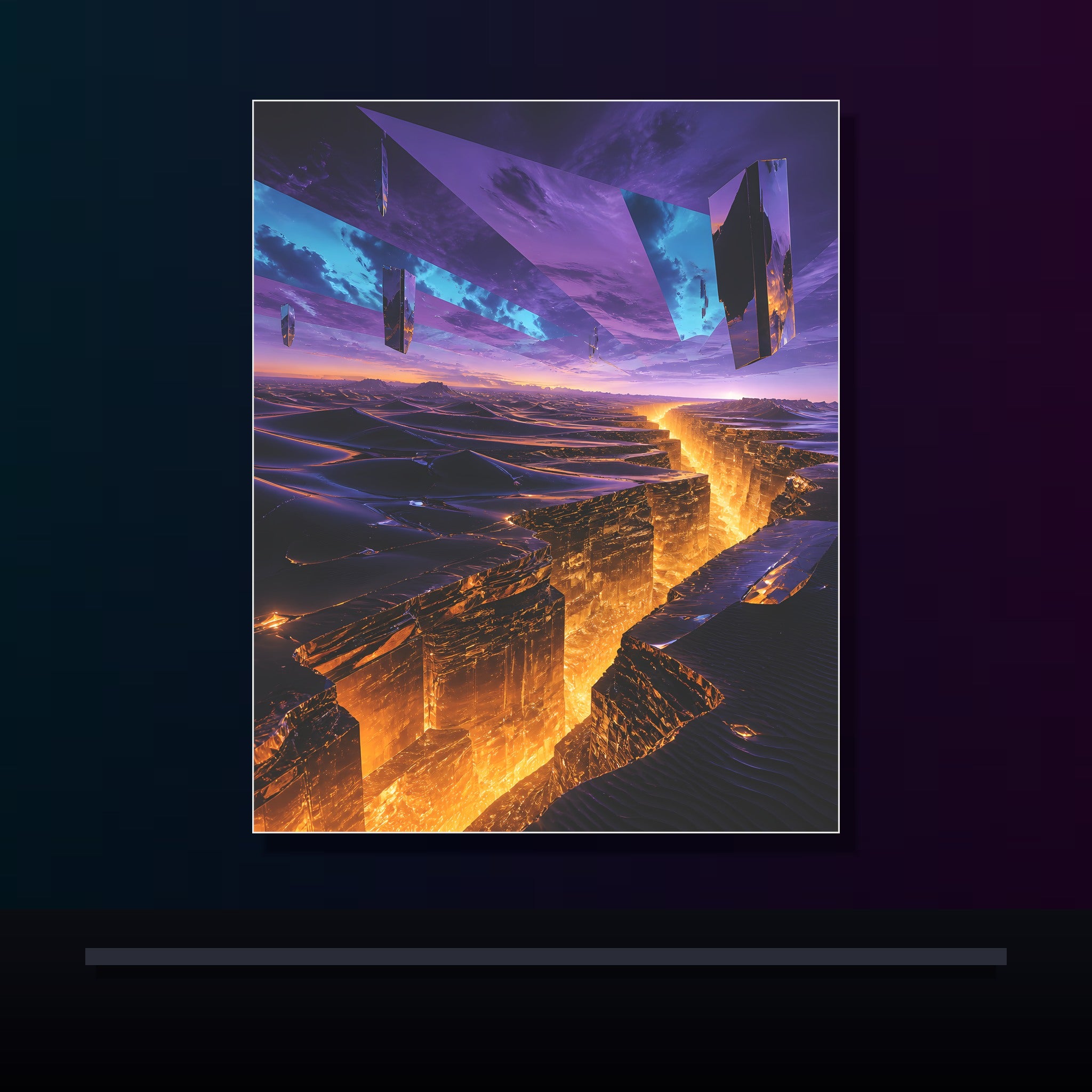 Amber Horizon Fault original KOSVYRE poster displayed in a dark psychedelic gallery setting