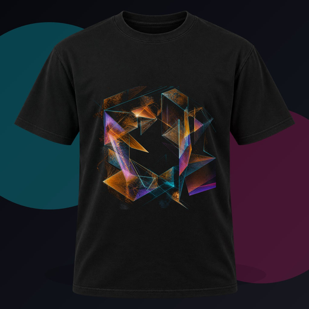 Amber Null Geometry original KOSVYRE design on a black graphic tee against a graphite studio background
